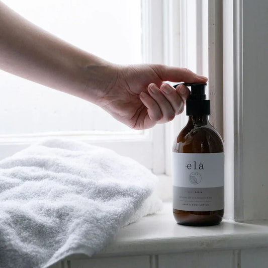 Close-up of Begin No 1 Hand & Body Lotion 500ml label, highlighting natural ingredients