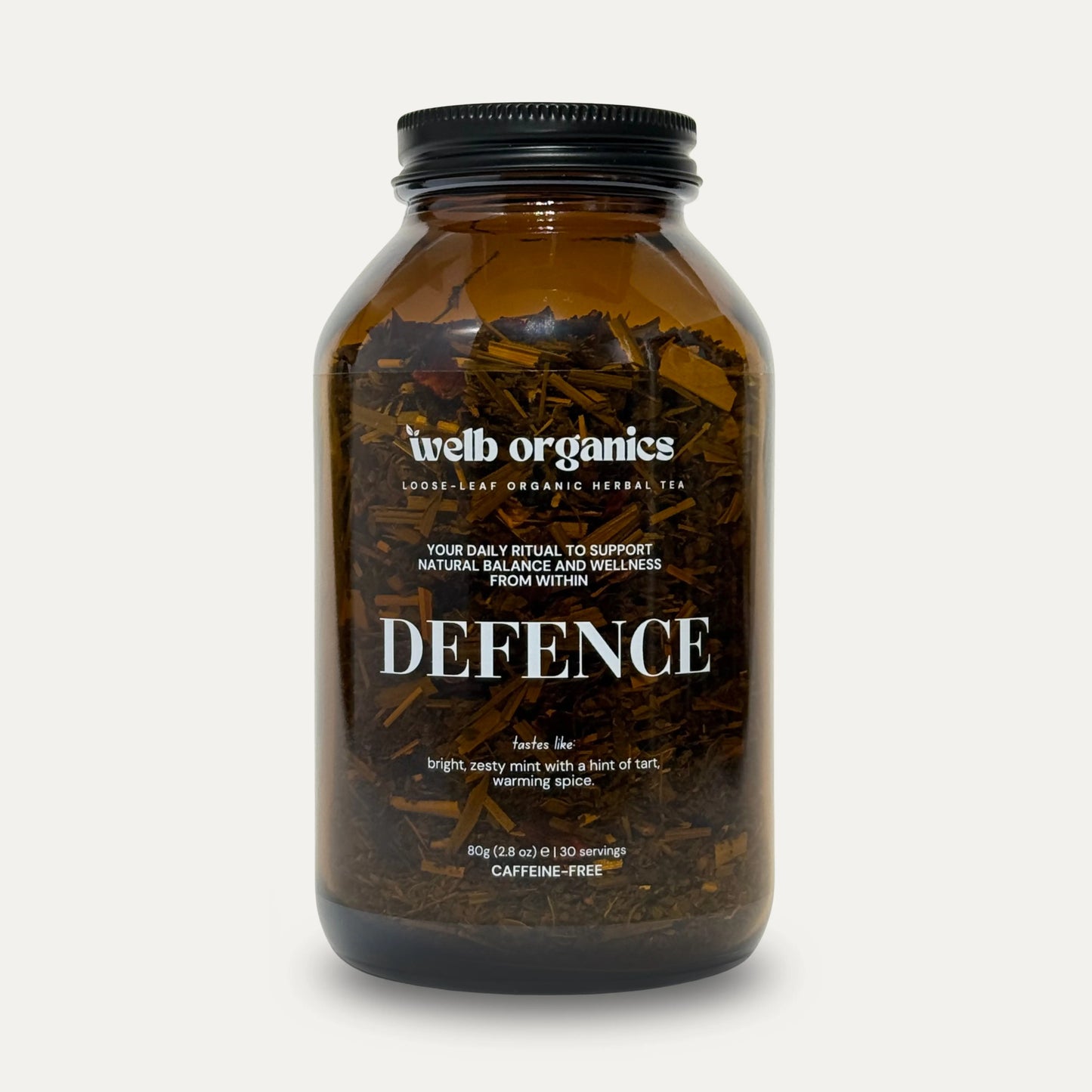 Welb Organic Defence Herbal Tea in apothecary glass jar