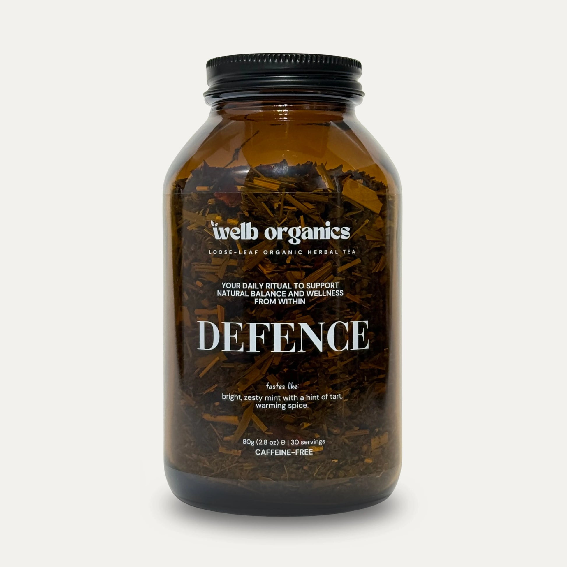 Welb Organic Defence Herbal Tea in apothecary glass jar