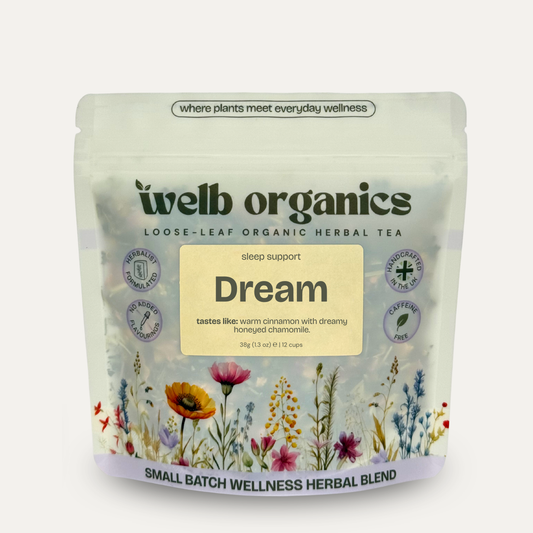 Dream, sleep tea welb organics loose-leaf organic herbal tea package with floral design on a white background.