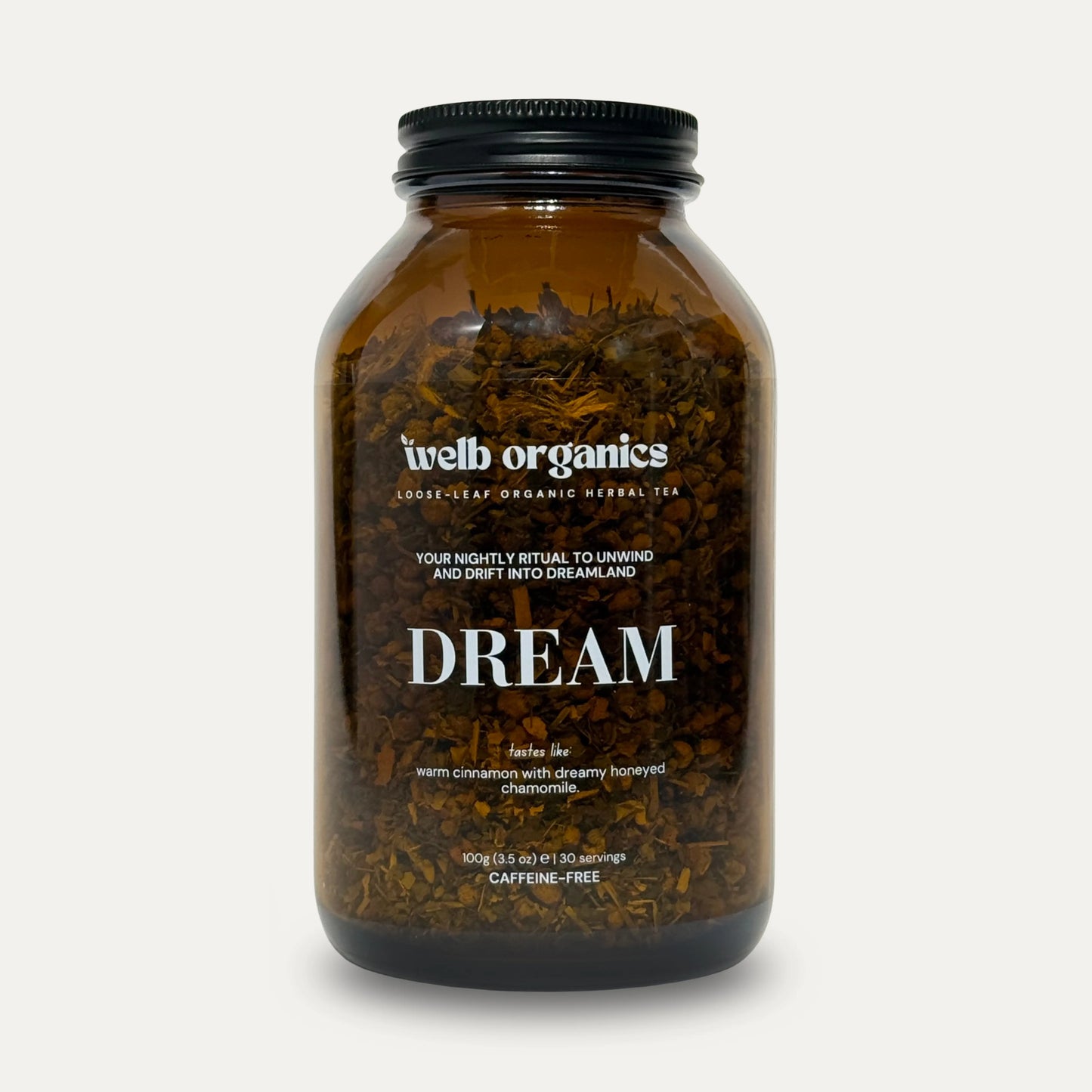 Dream Organic Sleep Tea in apothecary glass jar