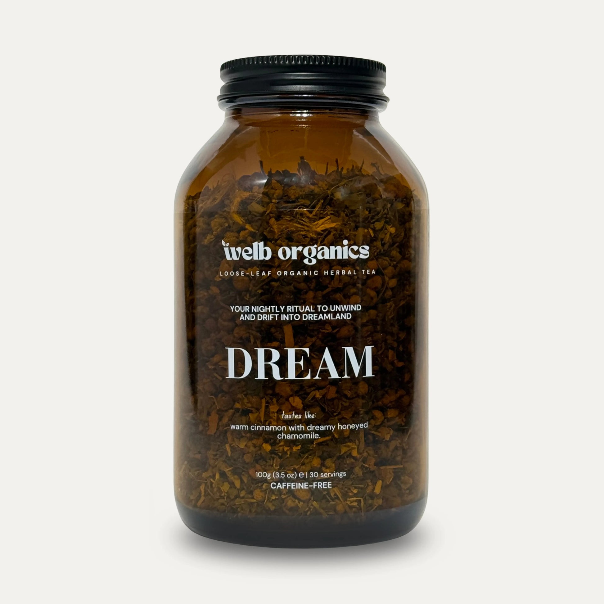 Dream Organic Sleep Tea in apothecary glass jar