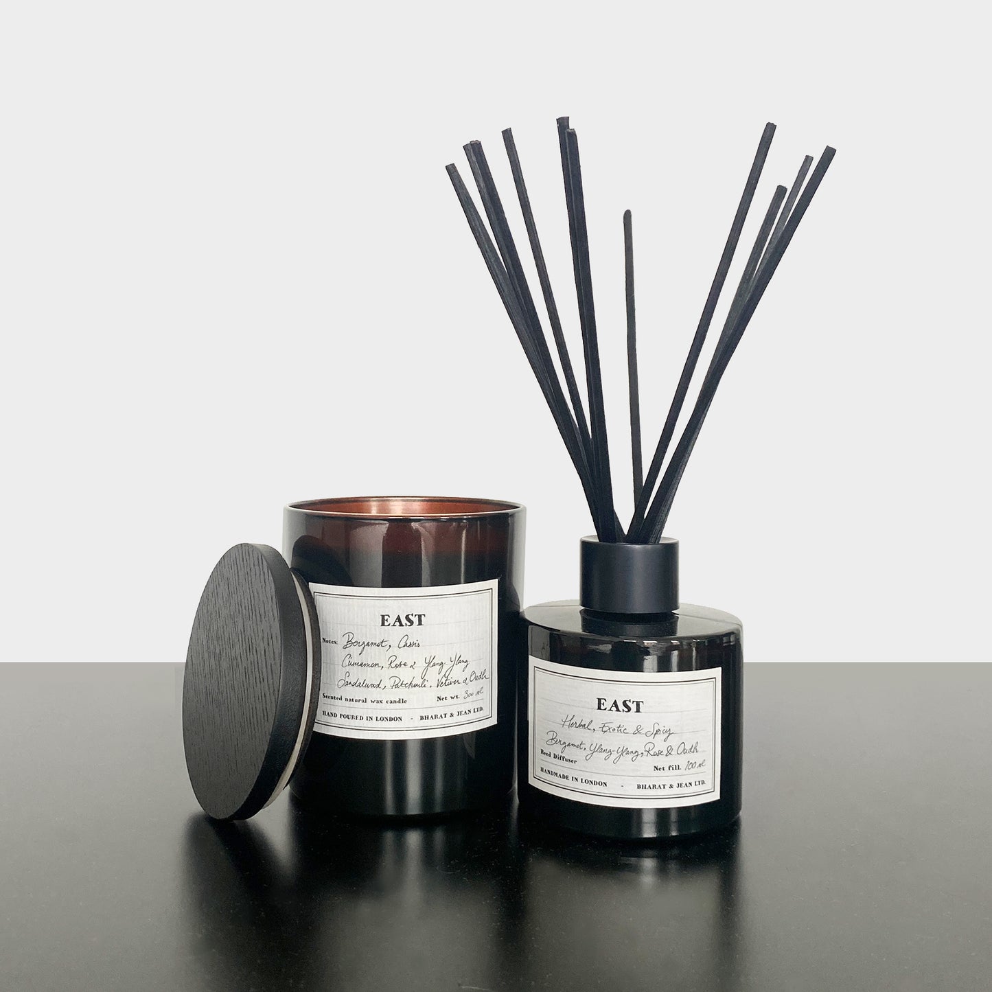 East Reed Diffuser packaging and black reeds