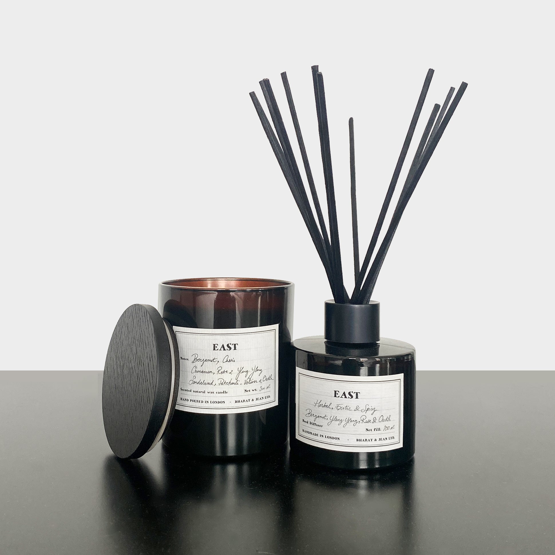East Reed Diffuser packaging and black reeds