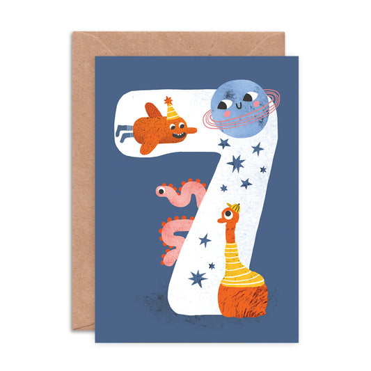 Emily Nash Crazy Critters Age Seven colourful birthday card with recycled kraft envelope, sustainably certified card