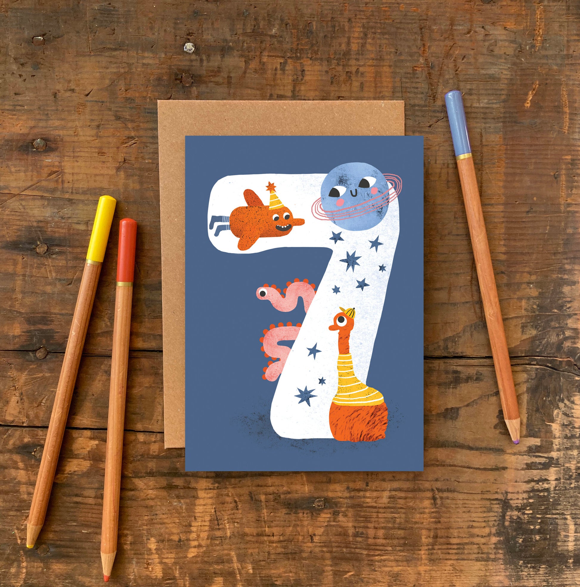 Emily Nash Crazy Critters Age Seven colourful birthday card with recycled kraft envelope, sustainably certified card
