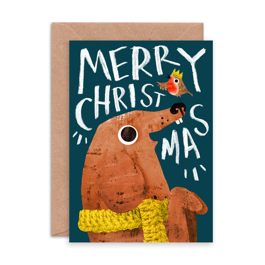 Emily Nash Dog & Robin illustrated greeting card with recycled kraft envelope, sustainably certified card.