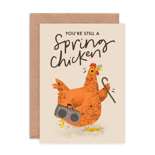 Emily Nash Still a Spring Chicken illustrated greeting card with recycled kraft envelope, sustainably certified