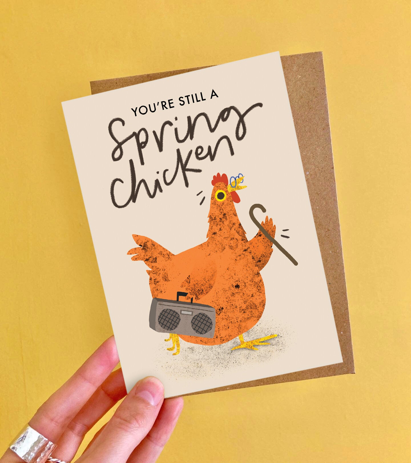 Emily Nash Still a Spring Chicken illustrated greeting card with recycled kraft envelope, sustainably certified