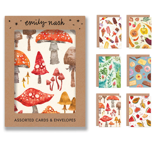Emily Nash illustrated greeting card multipack with six assorted designs in a plastic free, sustainably certified box
