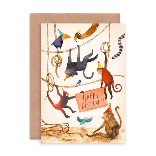 Happy Birthday Monkeys greeting card by Emily Nash with recycled kraft envelope, sustainably certified card