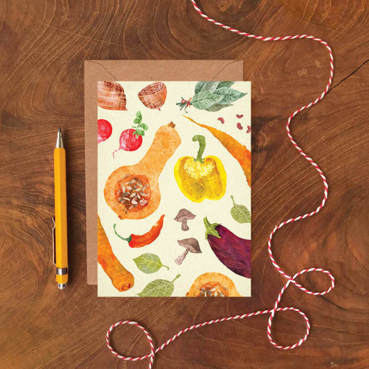 Emily Nash vegetables pattern greeting card with eco-friendly recycled envelope – sustainably certified