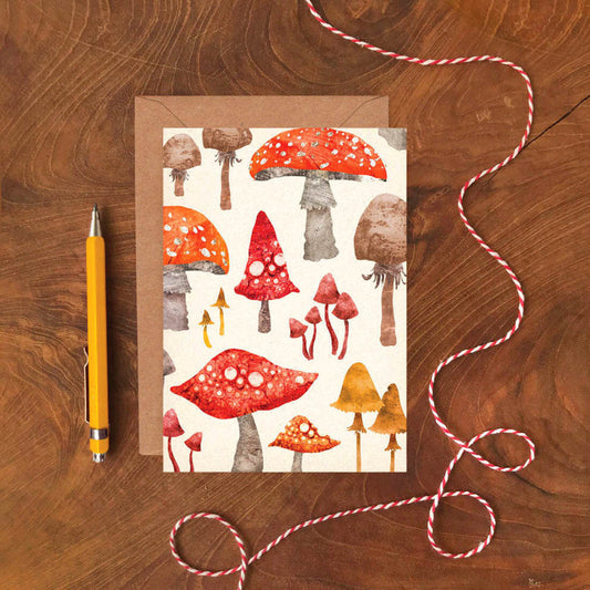 Emily Nash toadstool pattern greeting card with recycled kraft envelope, sustainably certified
