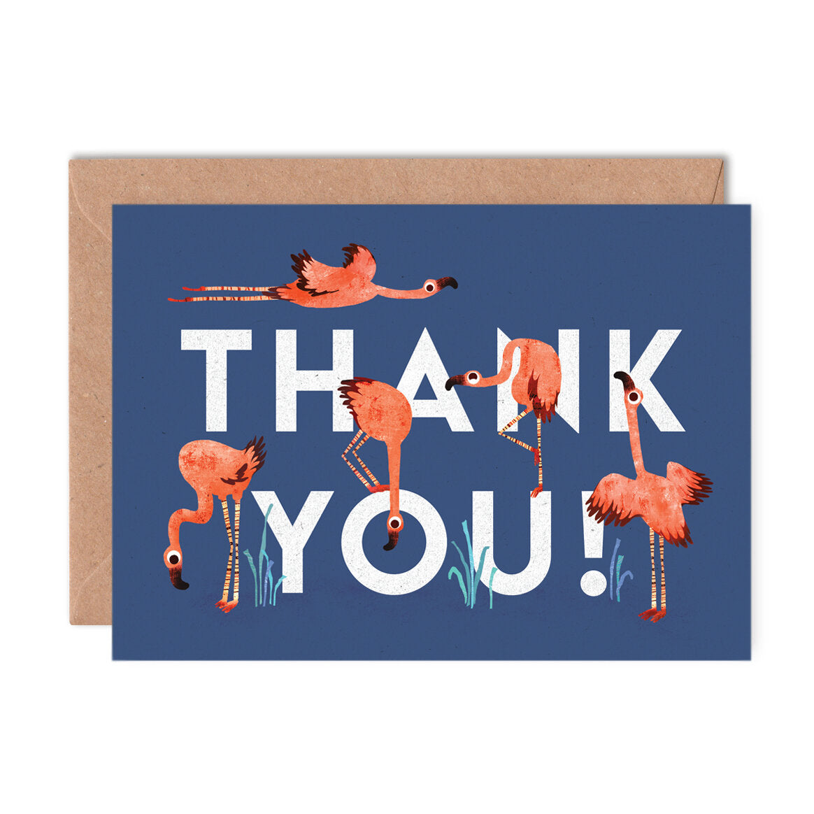 Greeting card with flamingo illustrations and 'Thank You!' text on a blue background