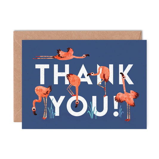 Greeting card with flamingo illustrations and 'Thank You!' text on a blue background