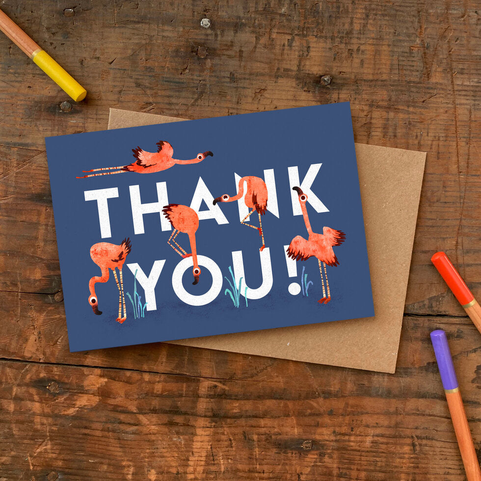 Greeting card with flamingo illustrations and 'THANK YOU!' text by Emily Nash Illustrations.