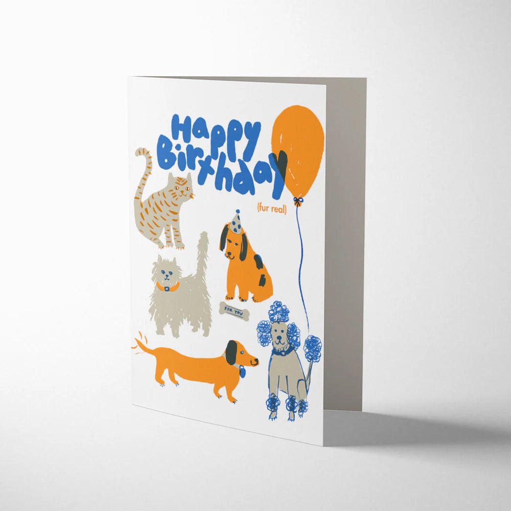 Close up of letterpress detail on the Happy Birthday Fur Real card