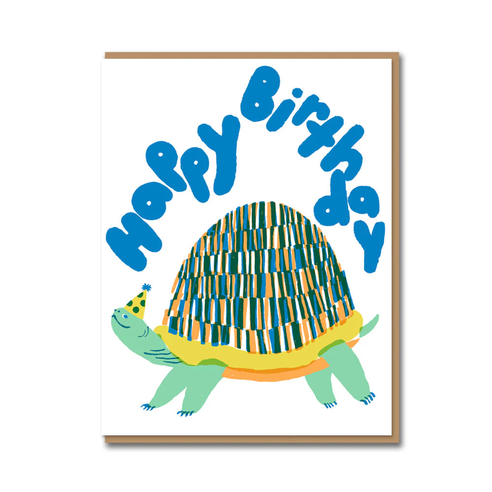 Turtle wearing a party hat letterpress birthday card