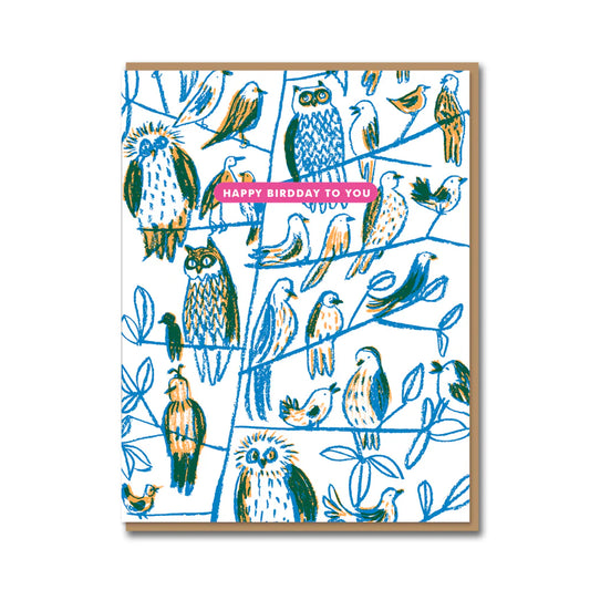 Happy Birdday greeting card featuring singing birds by Egg Press