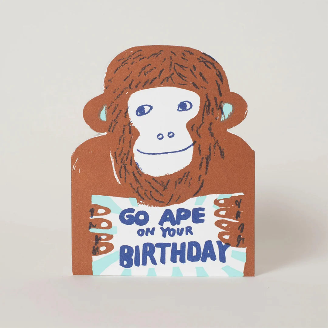 Go Ape birthday card by Egg Press, die-cut design with playful monkey illustration, letterpress printed, includes kraft envelope, size 108mm x 140mm.