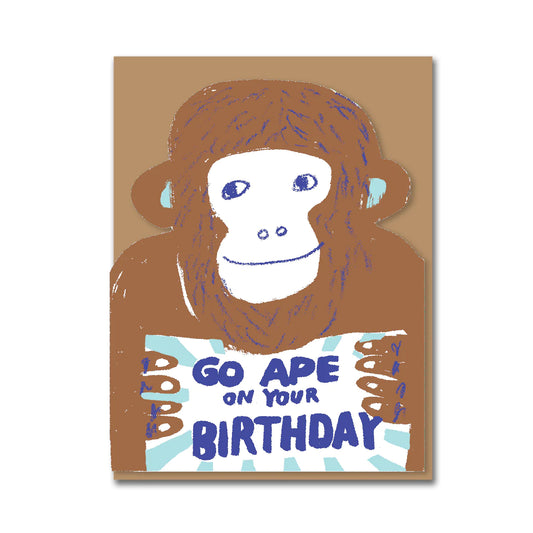 Go Ape birthday card by Egg Press, die-cut design with playful monkey illustration, letterpress printed, includes kraft envelope, size 108mm x 140mm.