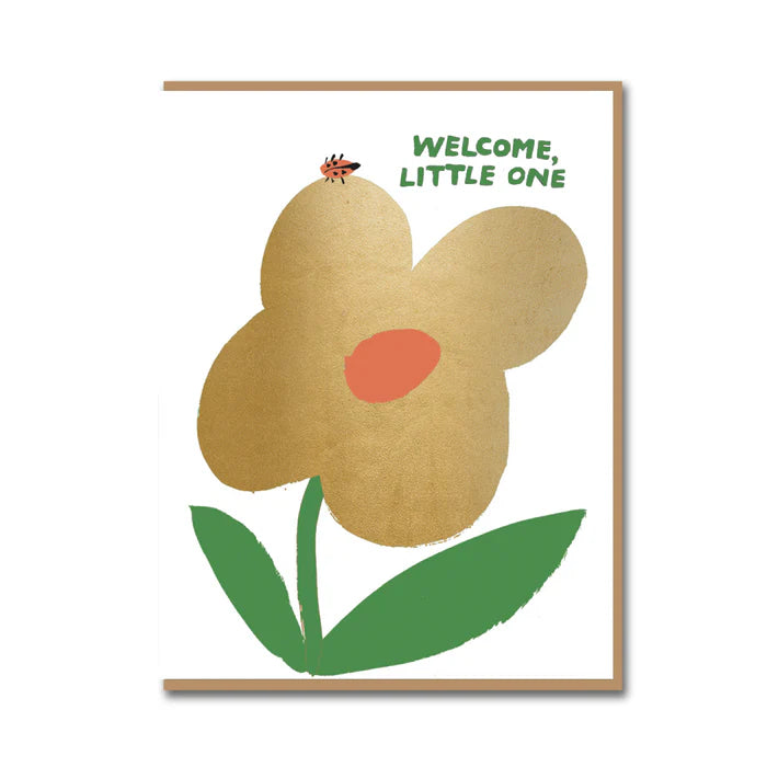 Detail of the letterpress printed ladybird and gold foil on new baby card