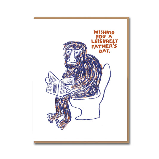 Funny Father's Day card featuring an ape reading a newspaper, with a Kraft envelope