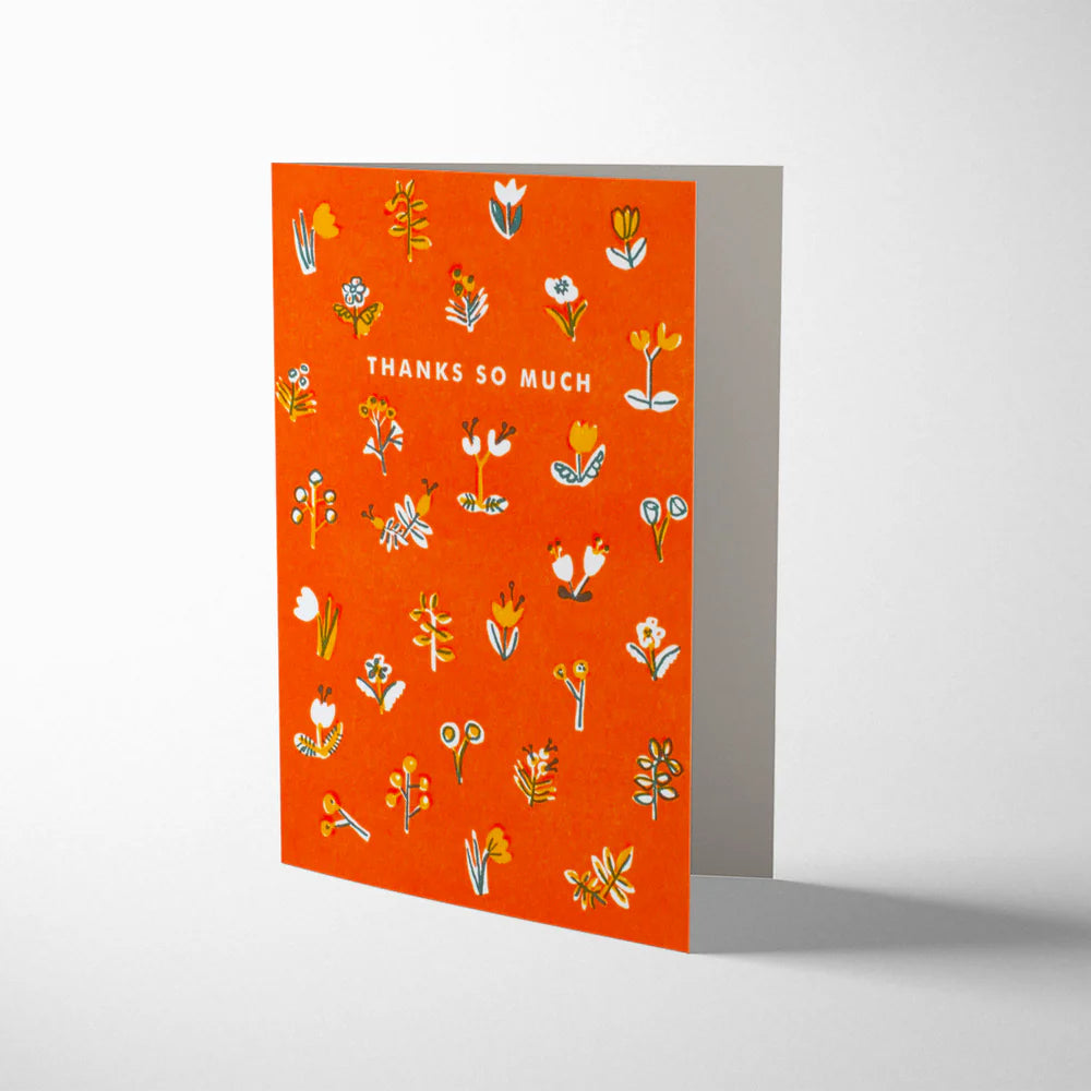 Close-up of tactile letterpress printing on Little Flowers thank you card