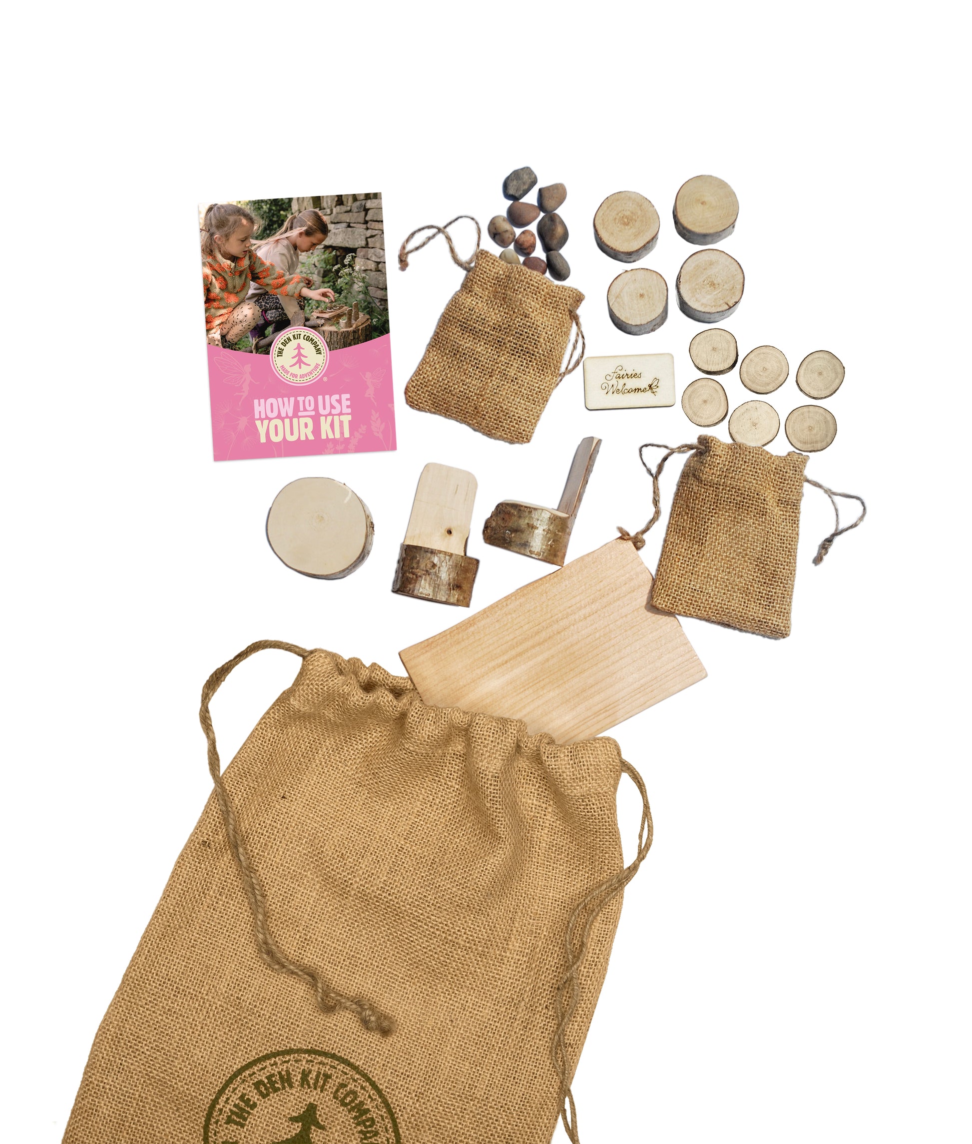 Fairy Garden Kit with UK-grown wooden thrones, stools, tabletop, jute pouches, beach pebbles, wooden plates, Fairies Welcome sign, all stored in natural jute bag.