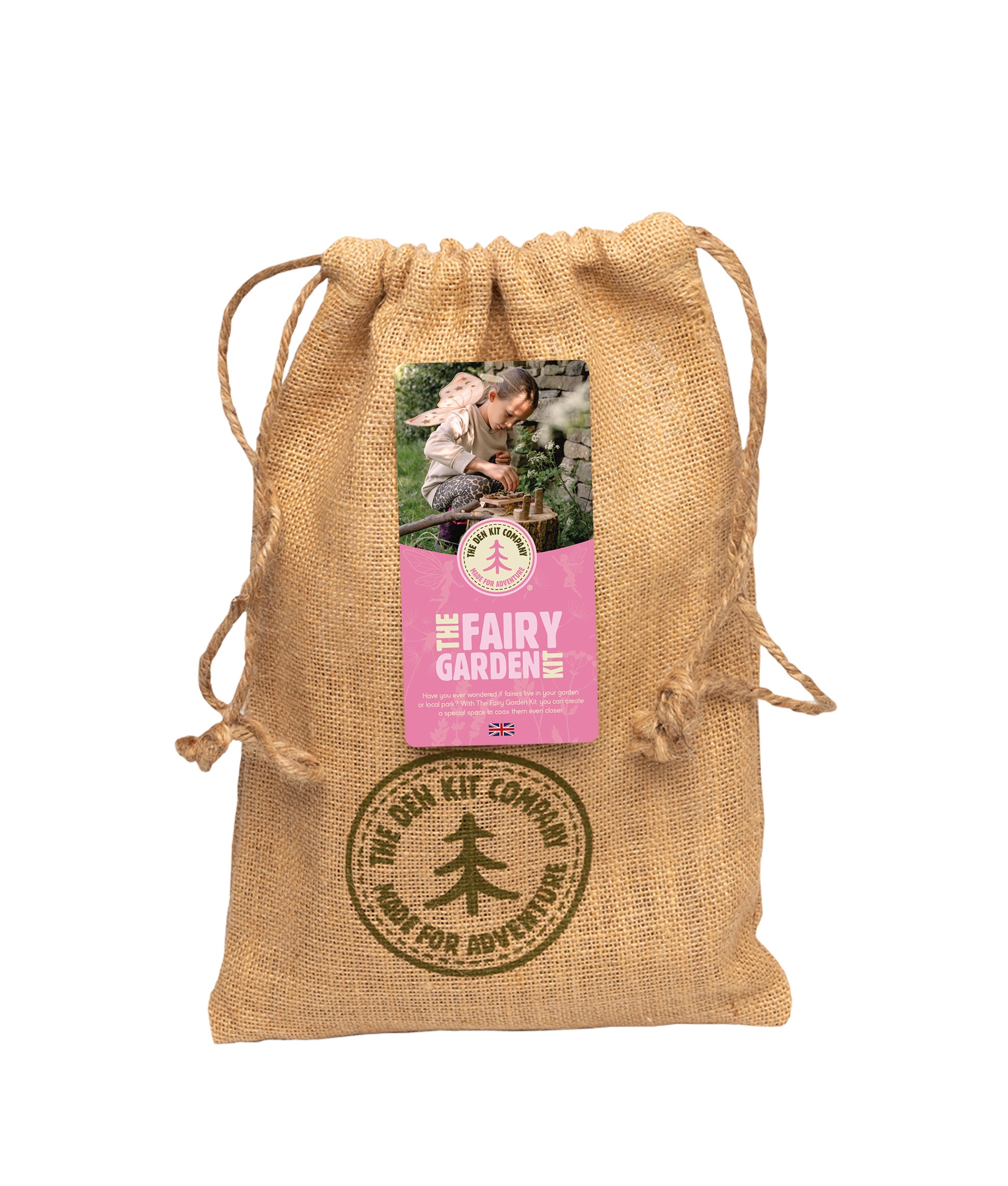 Fairy Garden Kit with UK-grown wooden thrones, stools, tabletop, jute pouches, beach pebbles, wooden plates, Fairies Welcome sign, all stored in natural jute bag.