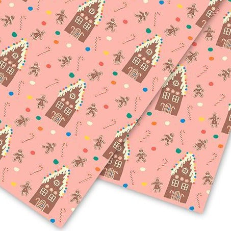 Sustainably certified Emma Cooter Designs Gingerbread House wrapping paper roll printed on recycled paper