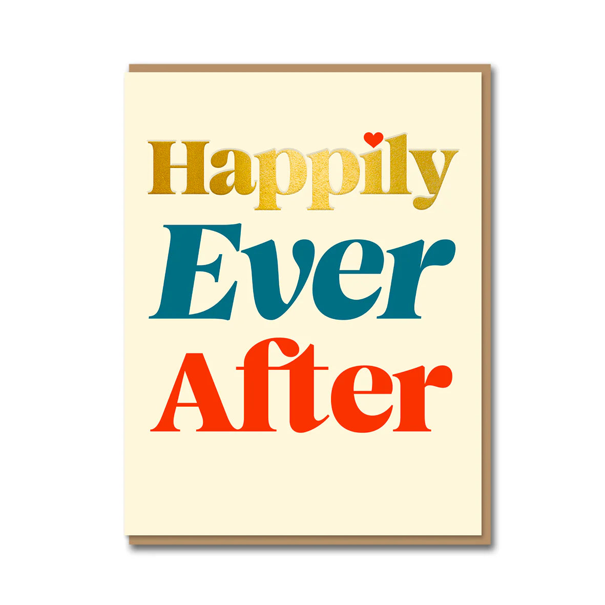 Eco-friendly wedding card with gold foil, “Happily Ever After” text, kraft envelope