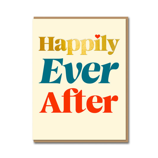 Eco-friendly wedding card with gold foil, “Happily Ever After” text, kraft envelope