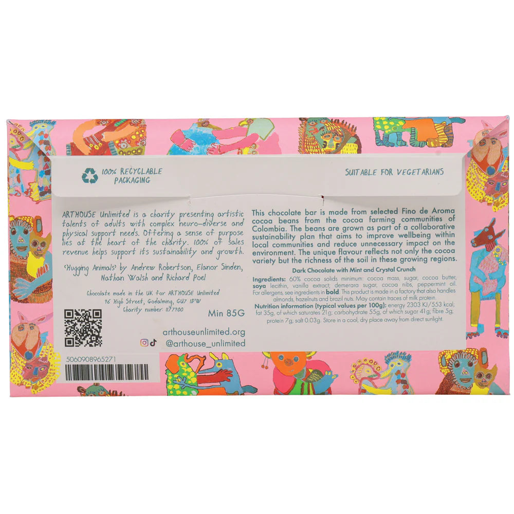 Chocolate bar packaging with colourful illustrations and text on a pink background