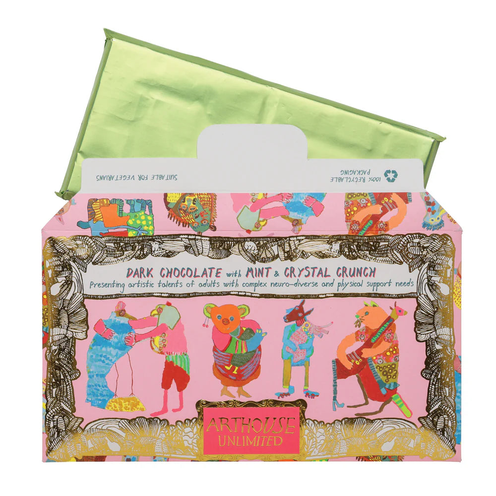 Colourful packaging of Arthouse Unlimited dark chocolate with mint and crystal crunch, featuring illustrations on a pink background.
