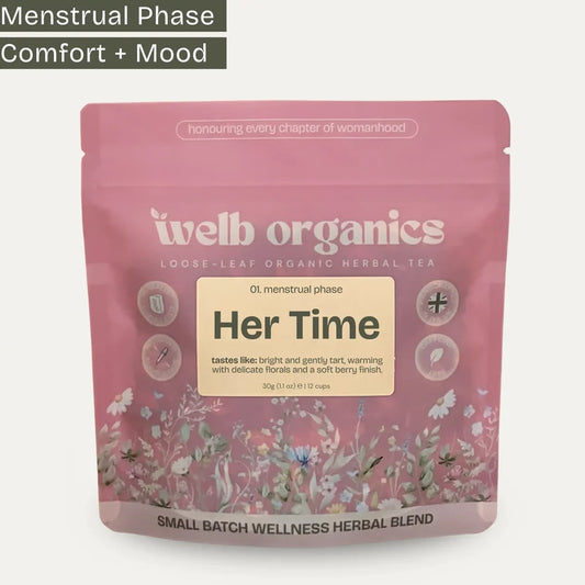 Her Time Menstrual Phase Herbal Blend Cosy Pouch 30g packaging