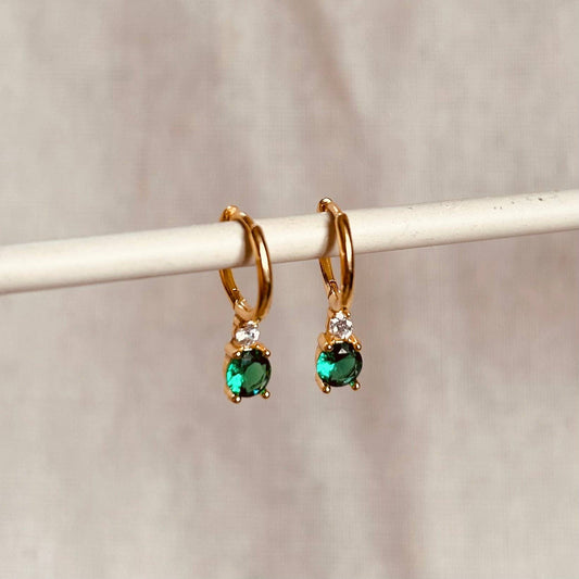 Little Nell gold green diamanté huggie hoops, gold vermeil, sterling silver, 11mm wide, 16mm tall