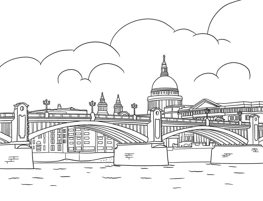 Open London Bridges Colouring Book showing detailed line art of Westminster Bridge