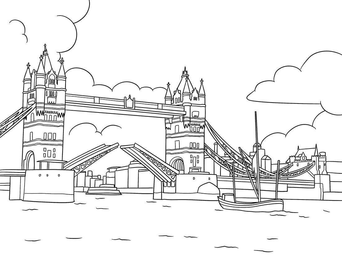Someone colouring a page in the London Bridges Colouring Book, demonstrating use