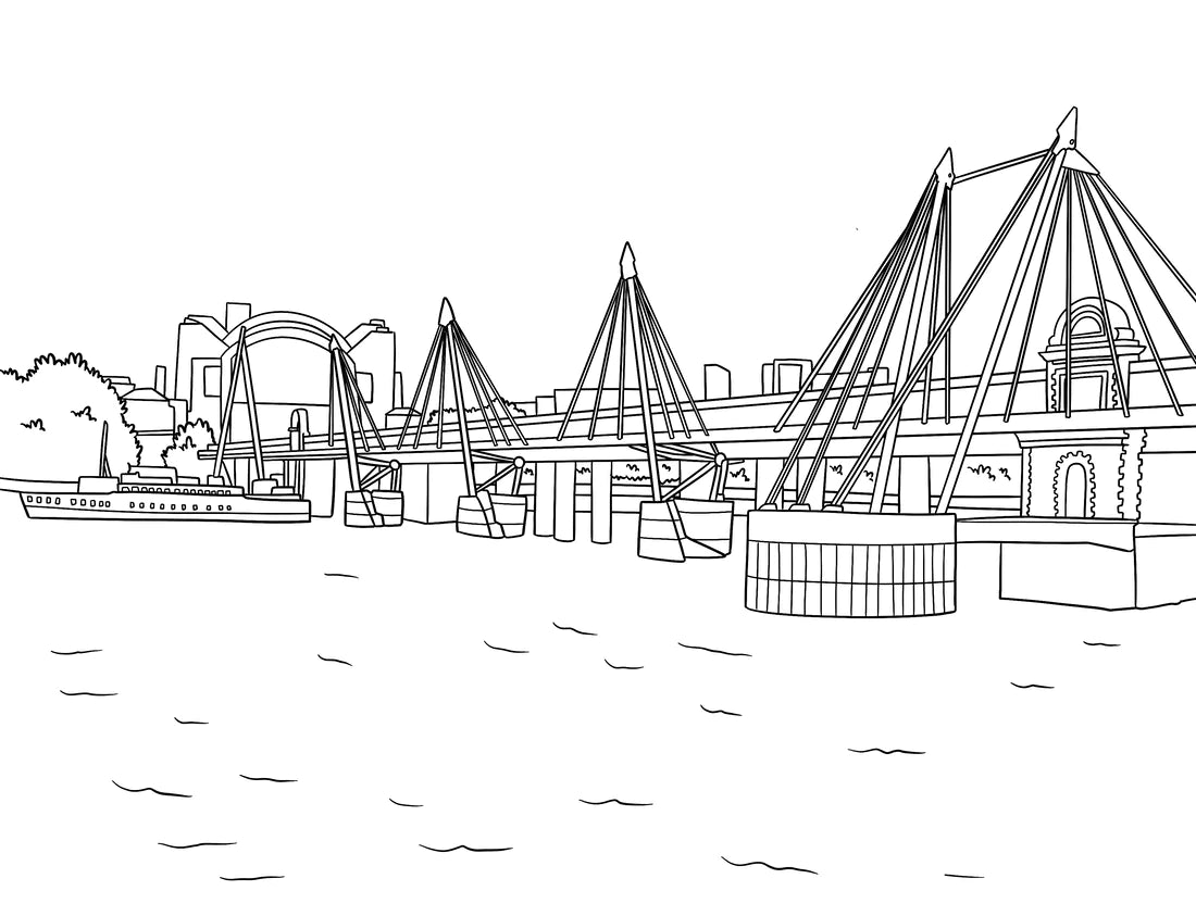 Stack of London Bridges Colouring Books, highlighting eco-friendly recycled paper