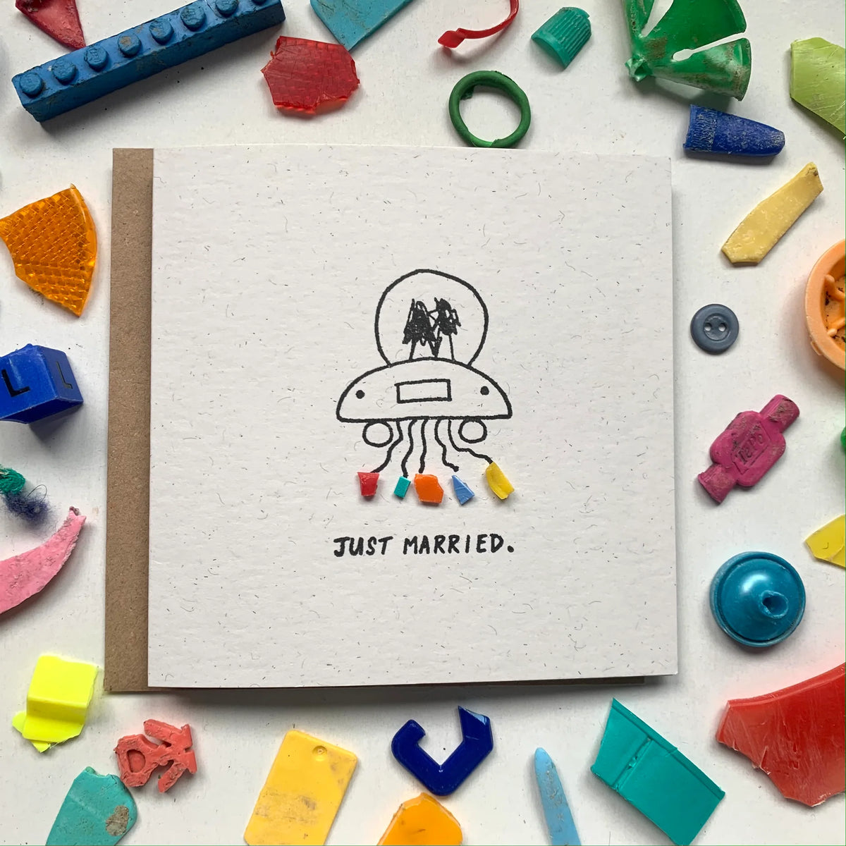 Just Married eco-friendly wedding card with unique microplastic art