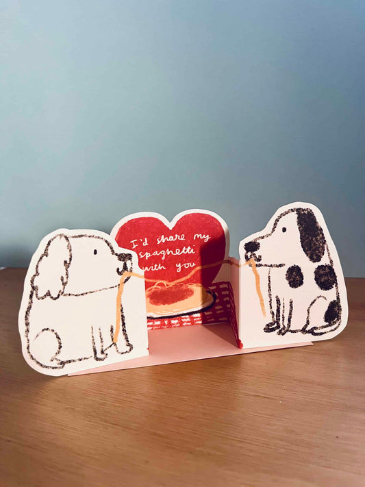 Spaghetti Dogs Valentine's Die Cut Card by Laura Skillbeck