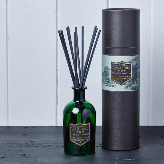 Parkminster Italian Mimosa Reed Diffuser, Regency Collection: luxury green glass bottle and ten reeds, floral honey and almond fragrance, vegan and sustainable, Cornwall UK