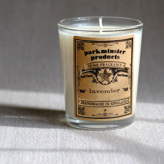 Parkminster Lavender Scented Soy Votive Candle in recyclable glass, floral herbal woody fragrance, sustainable 75g vegan candle handmade in Cornwall UK