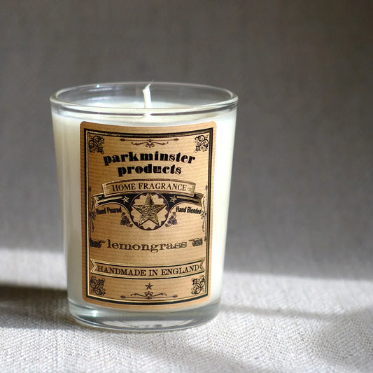 Parkminster Lemongrass Scented Soy Candle in recyclable glass, sweet zesty herbal fragrance from pure essential oil, handmade sustainable vegan candle from Cornwall UK