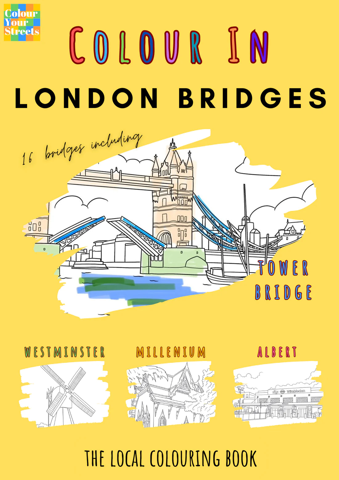 London Bridges Colouring Book cover, featuring iconic Tower Bridge illustration, A4 size
