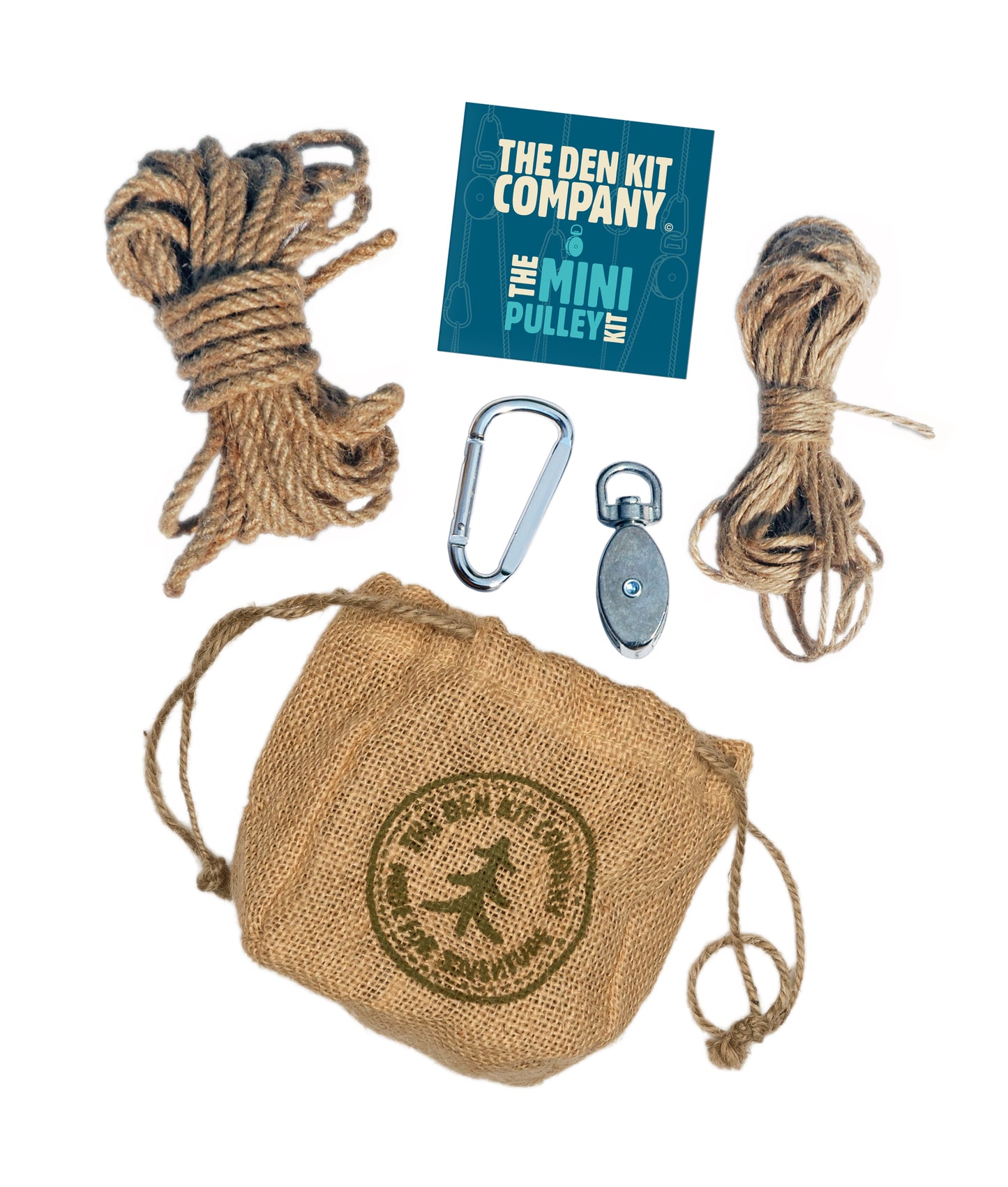 Mini Pulley Kit with carabiner, pulley, rope, and illustrated guide, packed in natural jute drawstring bag for hands-on STEM play.