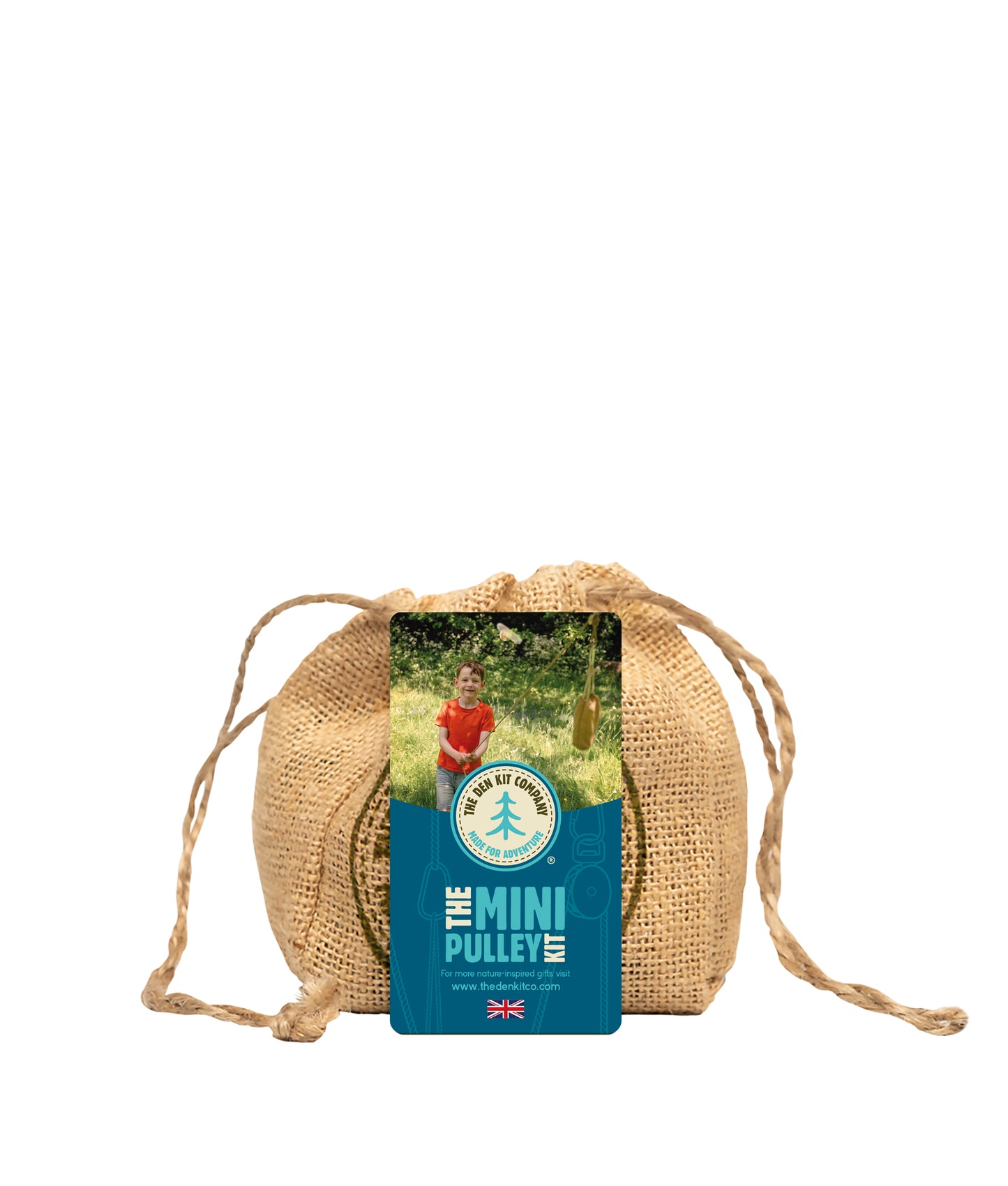 Mini Pulley Kit with carabiner, pulley, rope, and illustrated guide, packed in natural jute drawstring bag for hands-on STEM play.