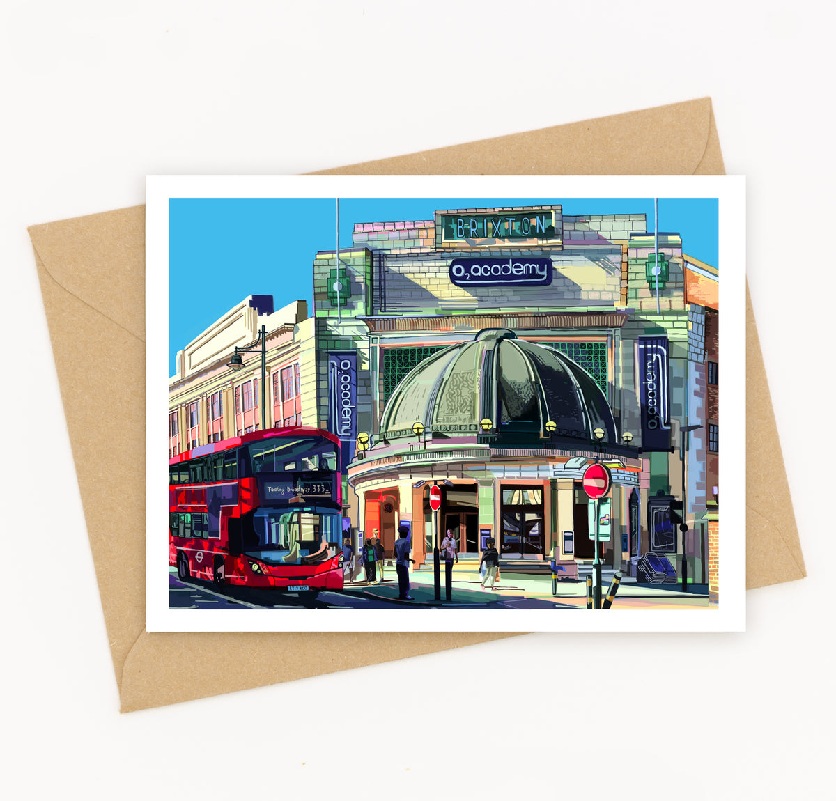 A6 illustration greeting card of Brixton Academy in South London by Tomartacus with a kraft envelope