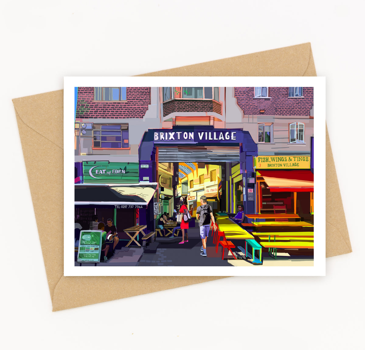 Vibrant A6 illustration of Brixton Village greeting card by Tomartacus